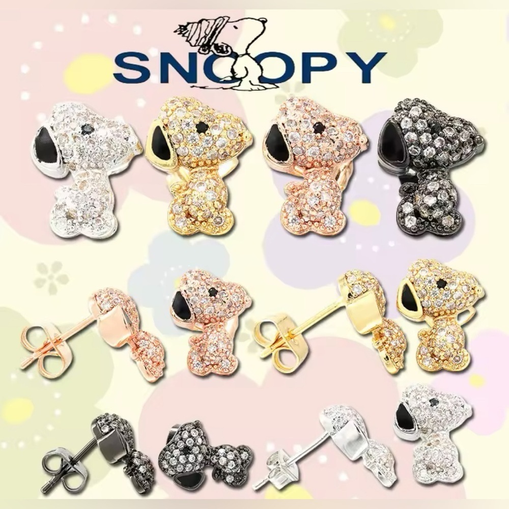 18K White Gold (Rhodium Plated) Snoopy Peanuts Theme Pave Inlay Earrings - Picture 4 of 6